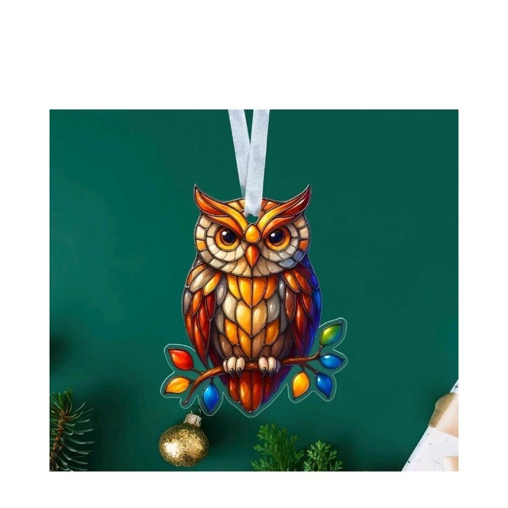 Owl Christmas Ornament Acrylic - Stained Glass Style Bird Decoration box 1 - Picture 4 of 5